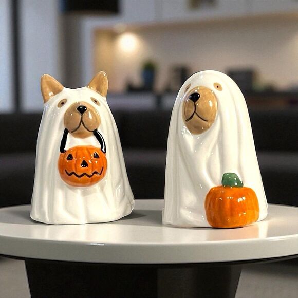 Adorable Dogs Dressed in Halloween Ghost Costumes Ceramic Salt & Pepper Shakers - Picture 1 of 4